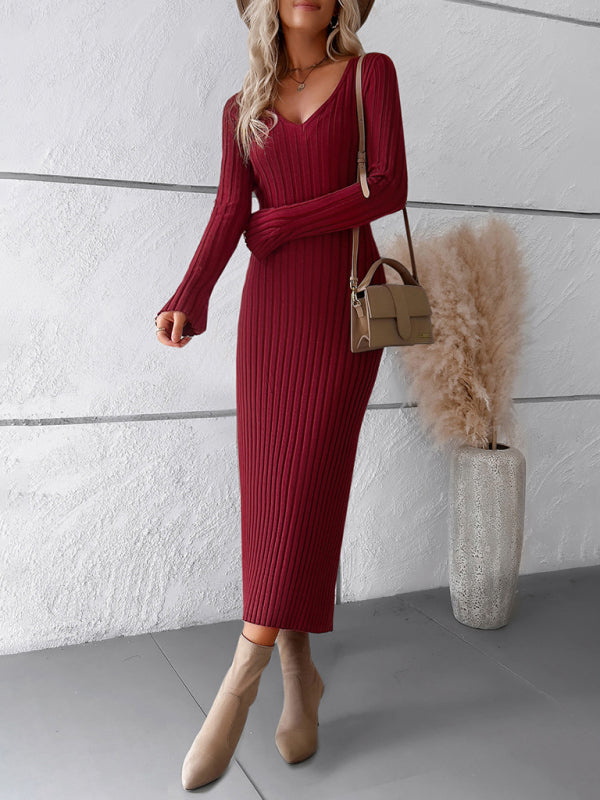 Sweater Dresses- Knitwear V-Neck Ribbed Sweater Maxi Dress- - Pekosa Women Clothing