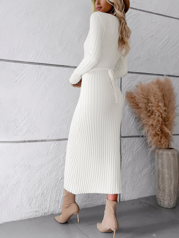 Sweater Dresses- Knitwear V-Neck Ribbed Sweater Maxi Dress- - Pekosa Women Clothing