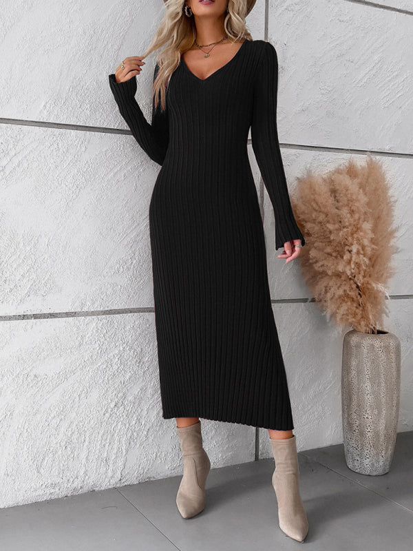 Sweater Dresses- Knitwear V-Neck Ribbed Sweater Maxi Dress- Black- Pekosa Women Clothing