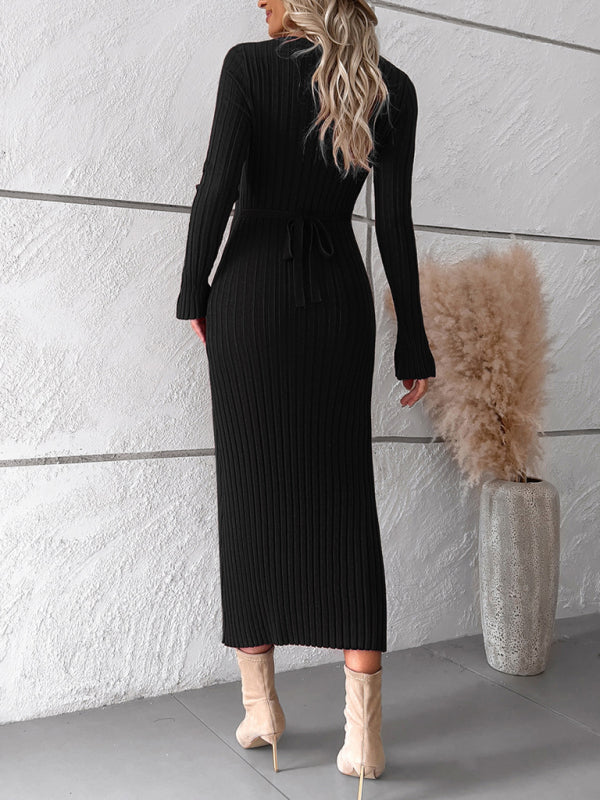 Sweater Dresses- Knitwear V-Neck Ribbed Sweater Maxi Dress- - Pekosa Women Clothing