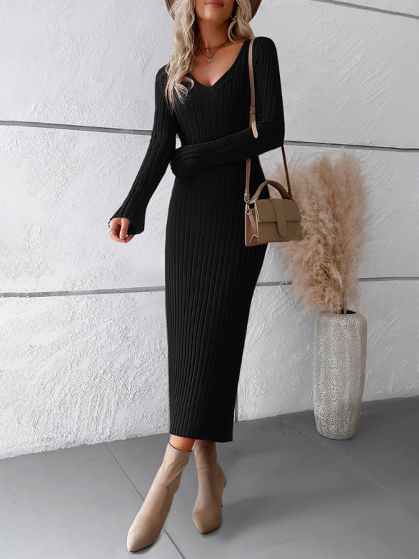 Sweater Dresses- Knitwear V-Neck Ribbed Sweater Maxi Dress- - Pekosa Women Clothing