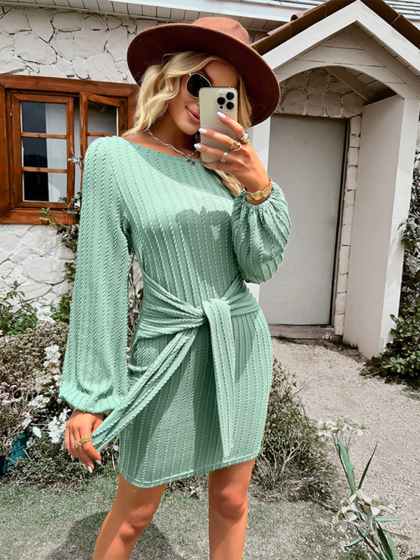 Sweater Dresses- Knotted Texture-Knit Sweater Dress- Green- Pekosa Women Clothing