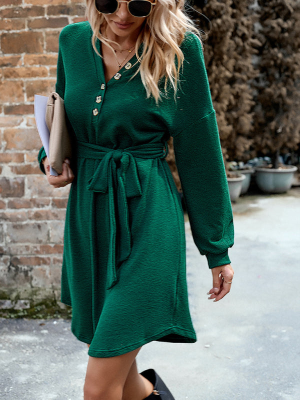 Sweater Dresses- Solid Half Button Belt Tie Drop Sleeve Sweater Dress- Green- Pekosa Women Clothing