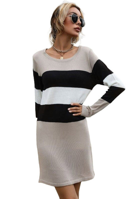 Sweater Dresses- Striped Knitwear Dress - Straight Long Sweater- - Pekosa Women Clothing