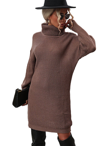 Sweater Dresses- Turtleneck Lantern Sleeve Waffle Knit Sweater Dress- - Pekosa Women Clothing