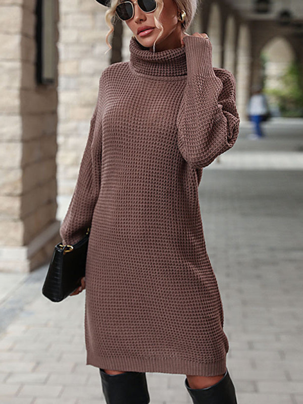 Sweater Dresses- Turtleneck Lantern Sleeve Waffle Knit Sweater Dress- - Pekosa Women Clothing