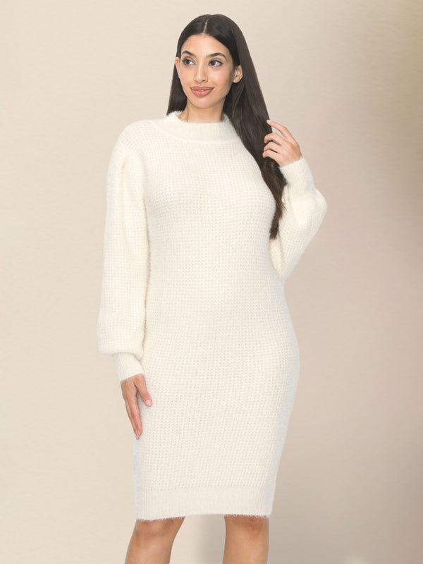 Sweater Dresses- Waffle Knit Cozy Winter Sweater Dress- - Pekosa Women Clothing