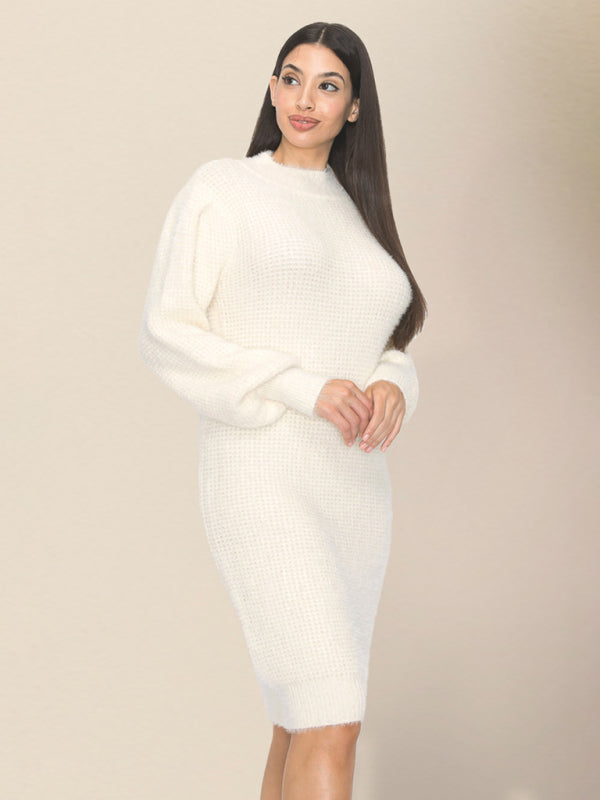 Sweater Dresses- Waffle Knit Cozy Winter Sweater Dress- - Pekosa Women Clothing