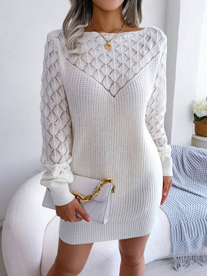 Sweater Dresses- Waffle Knit Crochet Boatneck Sweater Dress- - Pekosa Women Clothing