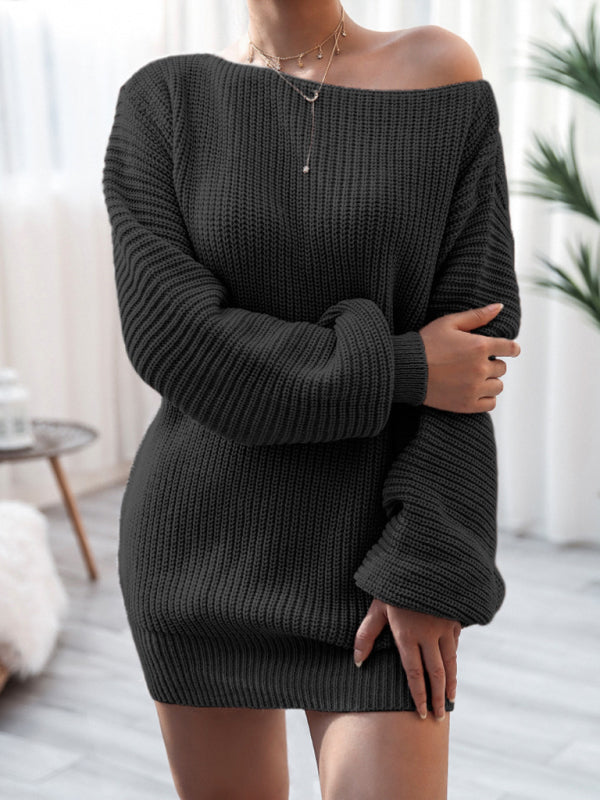 Sweater Dresses- Winter Coziness Faux Wool Oversized Knit Sweater Dress- Black- Pekosa Women Clothing