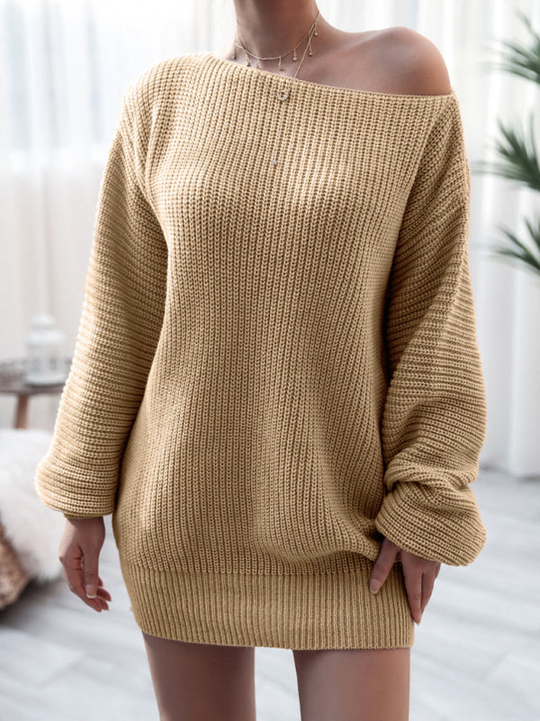 Sweater Dresses- Winter Coziness Faux Wool Oversized Knit Sweater Dress- Khaki- Pekosa Women Clothing