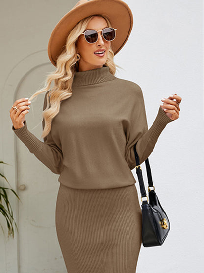 Sweater Dresses- Winter Cozy Blouson Turtleneck Sweater dress- - Pekosa Women Clothing