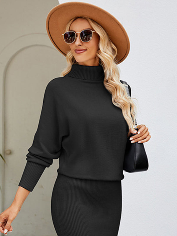 Sweater Dresses- Winter Cozy Blouson Turtleneck Sweater dress- Black- Pekosa Women Clothing