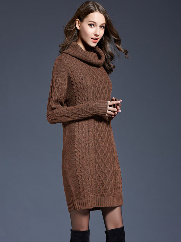 Sweater Dresses- Winter Cozy Cable Knit Turtleneck Sweater Dress- - Pekosa Women Clothing