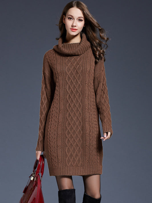 Sweater Dresses- Winter Cozy Cable Knit Turtleneck Sweater Dress- Camel- Pekosa Women Clothing