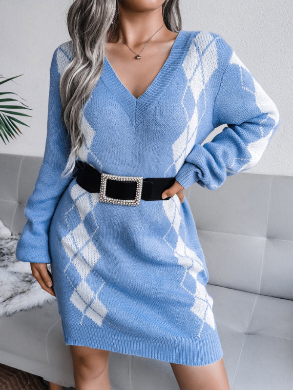 Sweater Dresses- Women's V Neck Knit Wool Sweater Dress for Fall/Winter! - Without Belt- - Pekosa Women Clothing