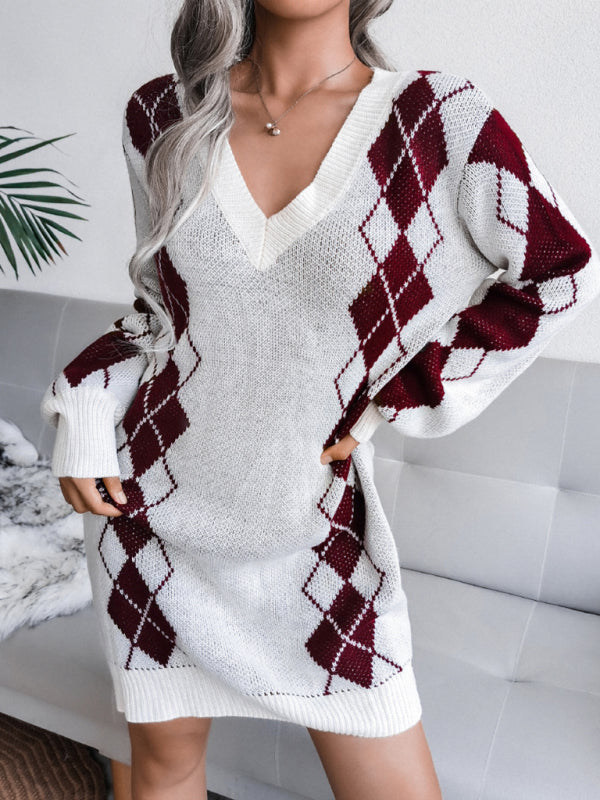 Sweater Dresses- Women's V Neck Knit Wool Sweater Dress for Fall/Winter! - Without Belt- - Pekosa Women Clothing