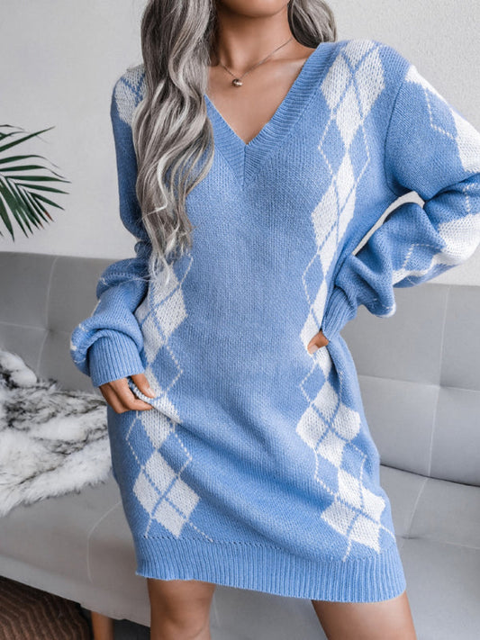 Sweater Dresses- Women's V Neck Knit Wool Sweater Dress for Fall/Winter! - Without Belt- Mist blue- Pekosa Women Clothing