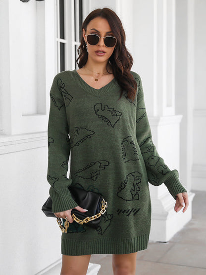 Sweater Dresses- Wool Sweater Dress - V-Neck Knitwear with Ribbed Accents- Olive green- Pekosa Women Clothing