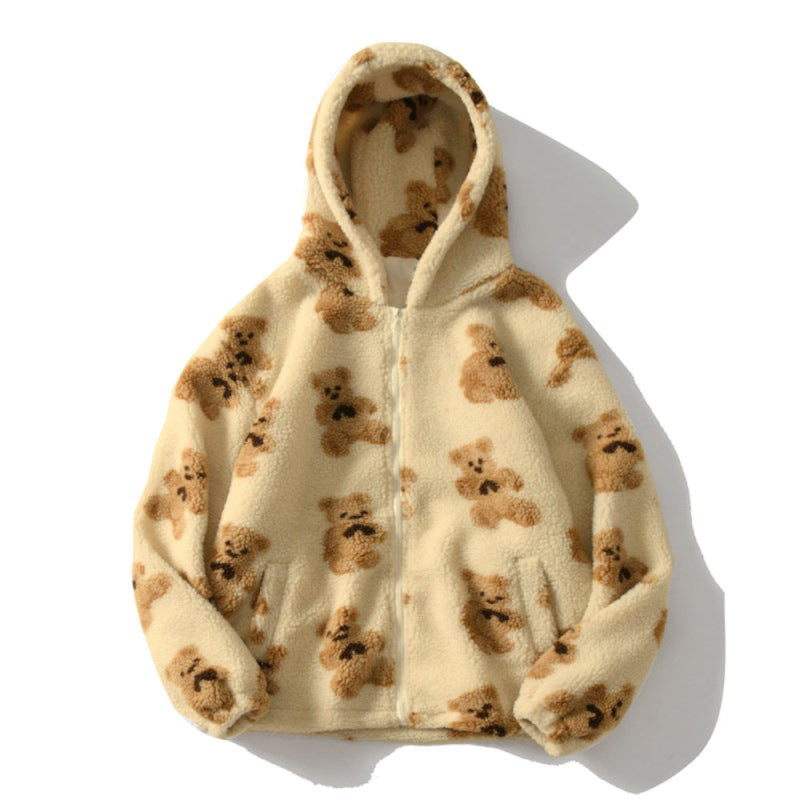 Sweater Jackets- Cozy Plush Teddy Bear Zip-Up Hooded Sweater Jacket- Cream- Pekosa Women Clothing