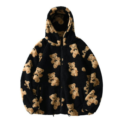 Sweater Jackets- Cozy Plush Teddy Bear Zip-Up Hooded Sweater Jacket- Black- Pekosa Women Clothing