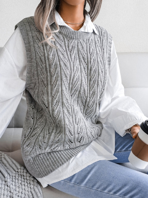 Sweater Vests- Cable Knit Round Neck Sweater Vest- - Pekosa Women Clothing