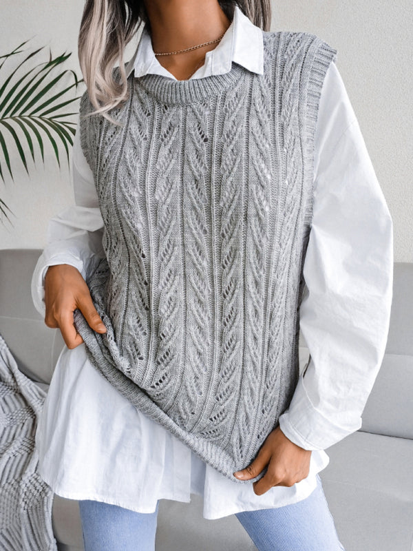 Sweater Vests- Cable Knit Round Neck Sweater Vest- - Pekosa Women Clothing