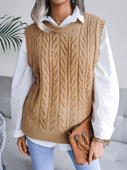 Sweater Vests- Cable Knit Round Neck Sweater Vest- - Pekosa Women Clothing