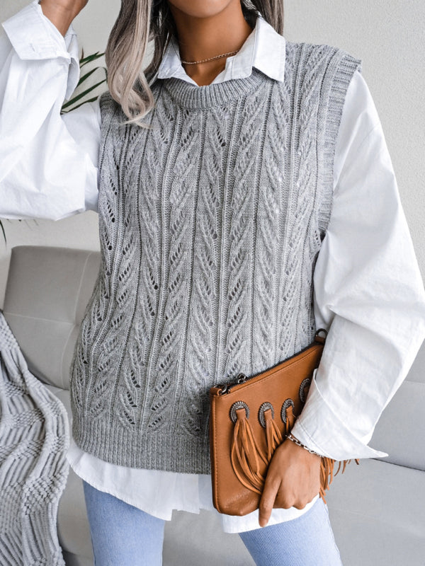 Sweater Vests- Cable Knit Round Neck Sweater Vest- - Pekosa Women Clothing