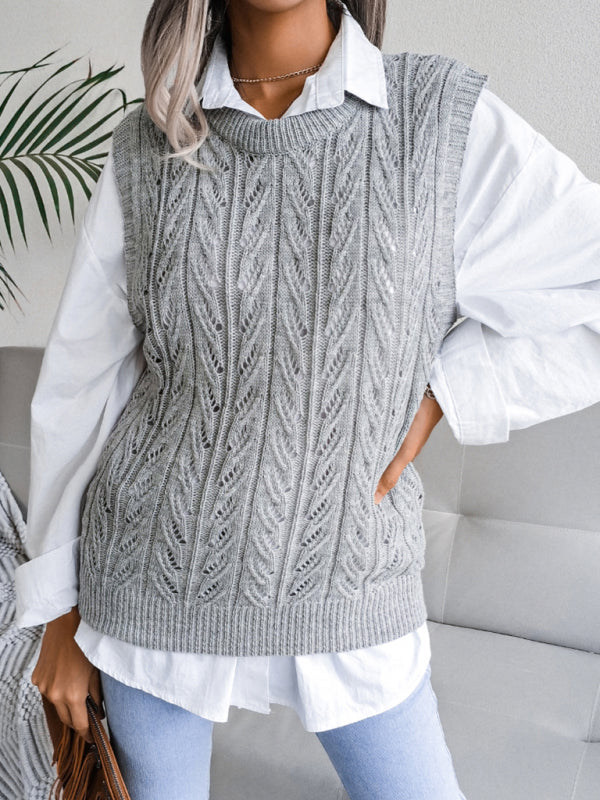 Sweater Vests- Cable Knit Round Neck Sweater Vest- - Pekosa Women Clothing