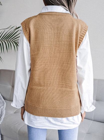 Sweater Vests- Cable Knit Round Neck Sweater Vest- - Pekosa Women Clothing