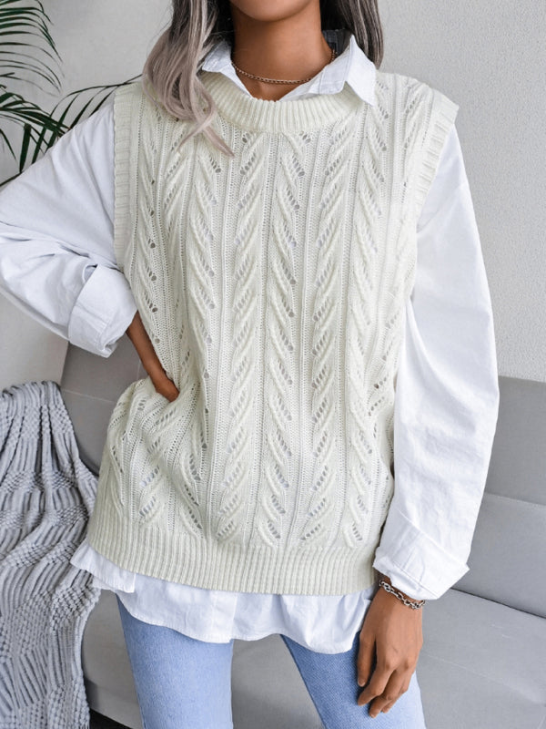 Sweater Vests- Cable Knit Round Neck Sweater Vest- - Pekosa Women Clothing