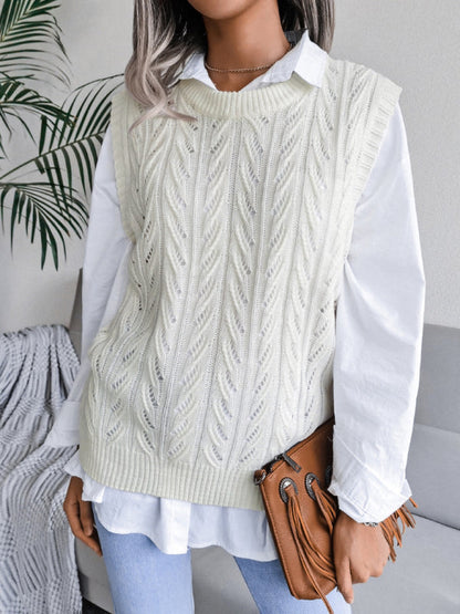 Sweater Vests- Cable Knit Round Neck Sweater Vest- - Pekosa Women Clothing