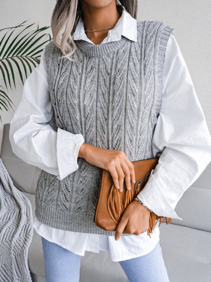 Sweater Vests- Cable Knit Round Neck Sweater Vest- Grey- Pekosa Women Clothing