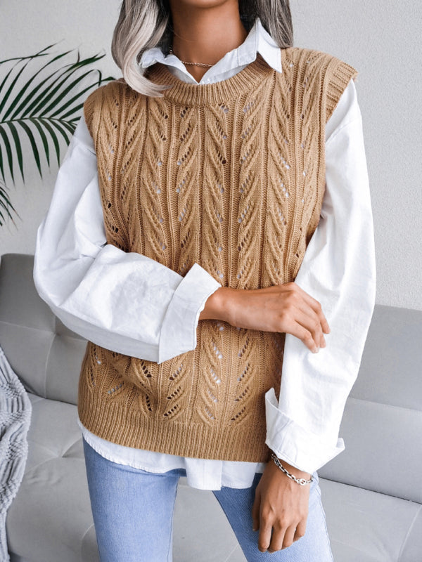 Sweater Vests- Cable Knit Round Neck Sweater Vest- Khaki- Pekosa Women Clothing