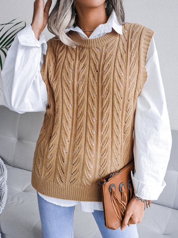 Sweater Vests- Cable Knit Round Neck Sweater Vest- - Pekosa Women Clothing