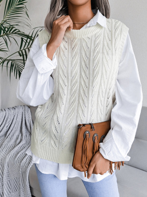 Sweater Vests- Cable Knit Round Neck Sweater Vest- White- Pekosa Women Clothing