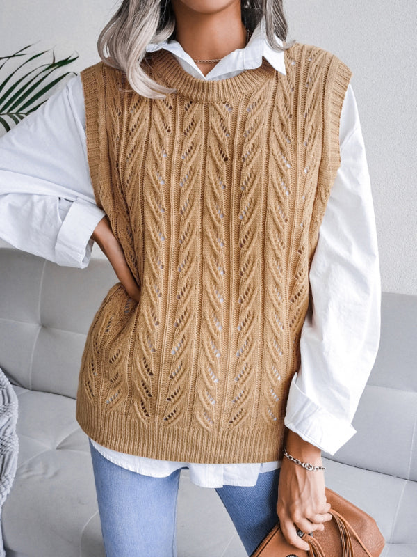 Sweater Vests- Cable Knit Round Neck Sweater Vest- - Pekosa Women Clothing