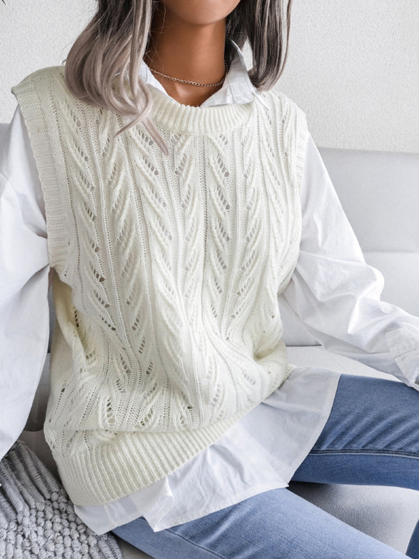 Sweater Vests- Cable Knit Round Neck Sweater Vest- - Pekosa Women Clothing