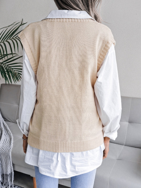 Sweater Vests- Cable Knit V Neck Sweater - Knitwear Vest- - Pekosa Women Clothing