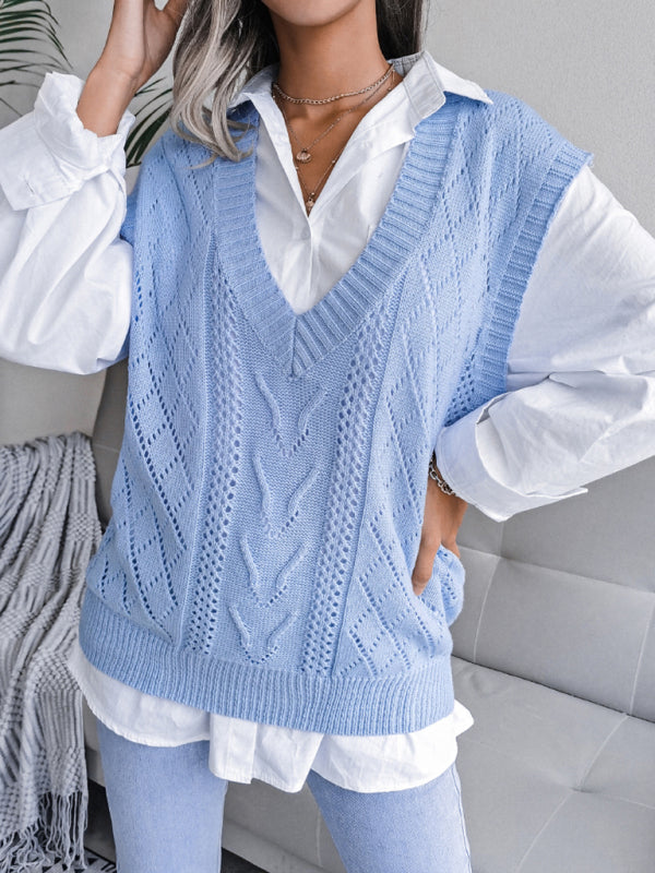 Sweater Vests- Cable Knit V Neck Sweater - Knitwear Vest- Blue- Pekosa Women Clothing