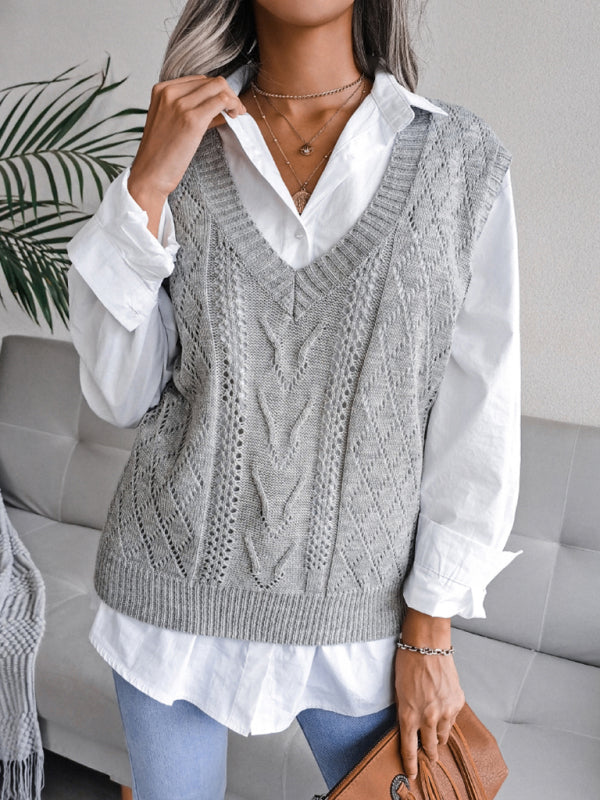 Sweater Vests- Cable Knit V Neck Sweater - Knitwear Vest- - Pekosa Women Clothing