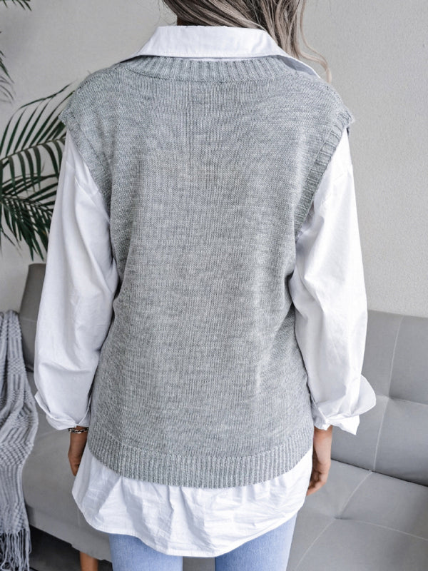 Sweater Vests- Cable Knit V Neck Sweater - Knitwear Vest- - Pekosa Women Clothing