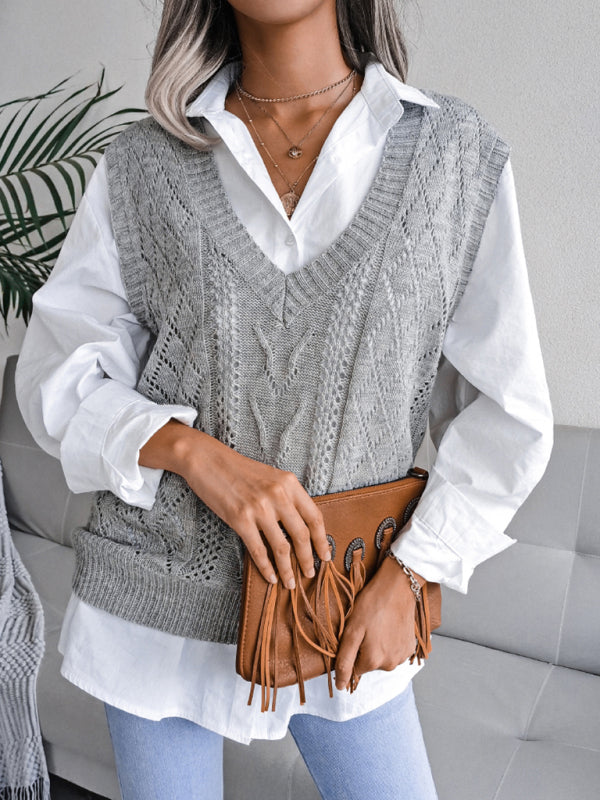 Sweater Vests- Cable Knit V Neck Sweater - Knitwear Vest- Grey- Pekosa Women Clothing