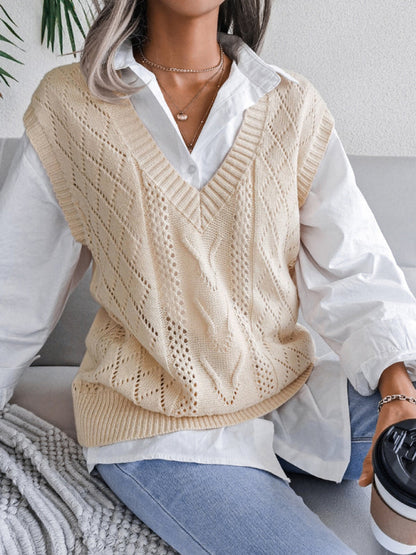 Sweater Vests- Cable Knit V Neck Sweater - Knitwear Vest- - Pekosa Women Clothing