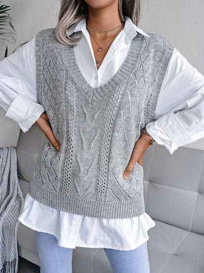 Sweater Vests- Cable Knit V Neck Sweater - Knitwear Vest- - Pekosa Women Clothing