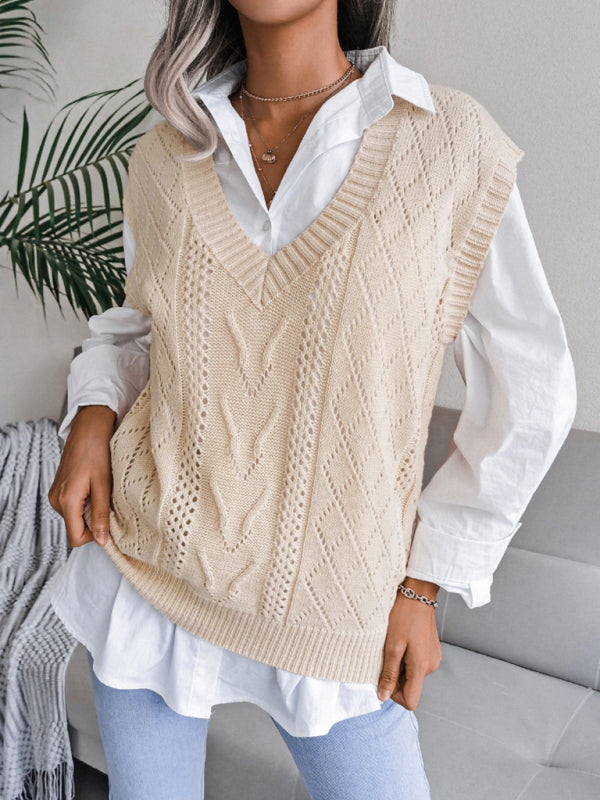 Sweater Vests- Cable Knit V Neck Sweater - Knitwear Vest- - Pekosa Women Clothing