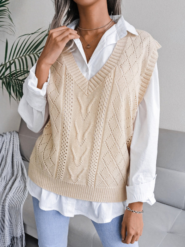 Sweater Vests- Cable Knit V Neck Sweater - Knitwear Vest- Cracker khaki- Pekosa Women Clothing