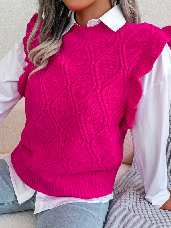 Sweater Vests- Diamond Knit High Neck Sweater Vest- - Pekosa Women Clothing