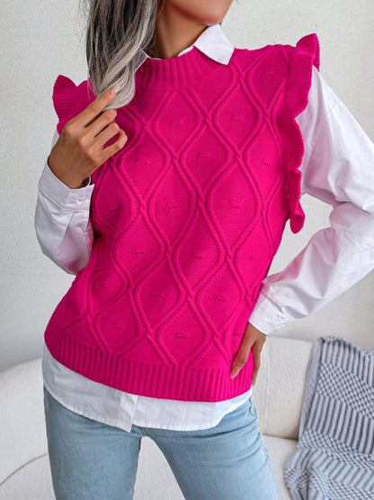 Sweater Vests- Diamond Knit High Neck Sweater Vest- - Pekosa Women Clothing